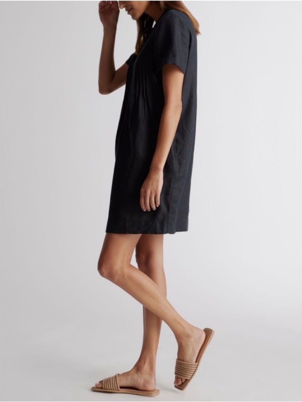 Quince 100% European Linen Swing Dress Womens XL Black Short Sleeve Pockets - Picture 3 of 12